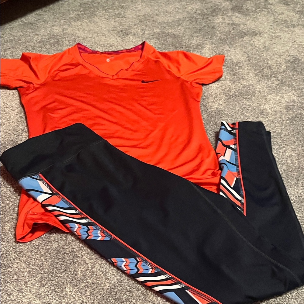 Nike Vibrant Orange Tee and fila Black Leggings with Colorful Accents